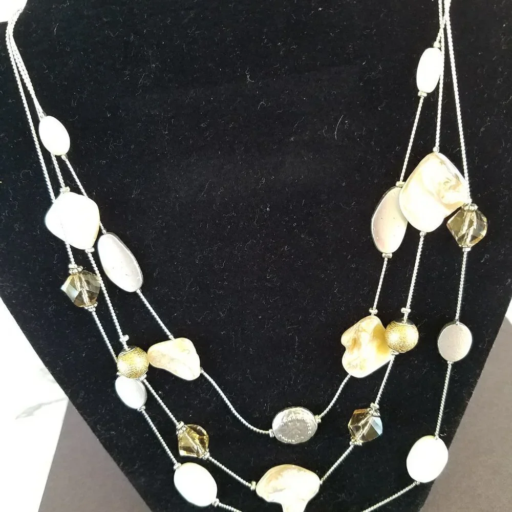 Madison Tyler Mother of Pearl Triple Strand Necklace Beige White 16” 20” plus 3”